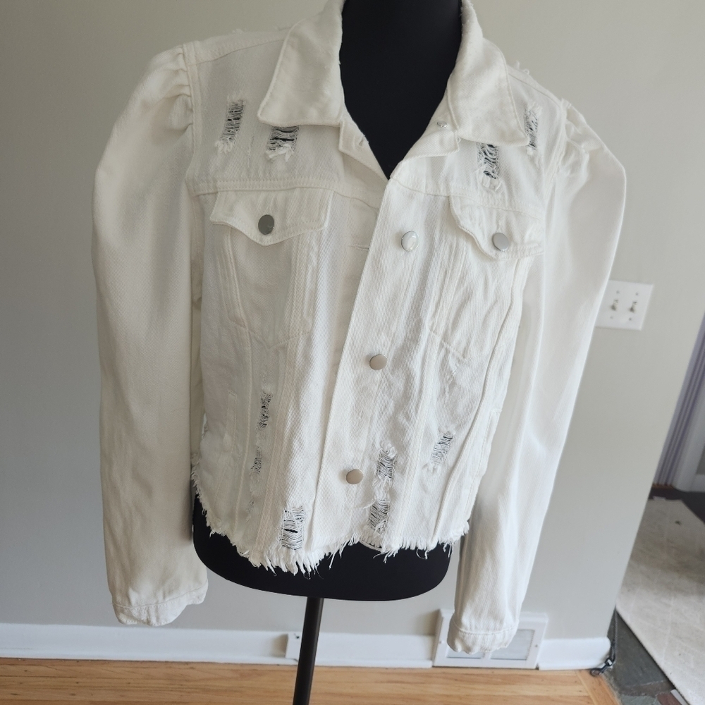 Distressed White Denim Jacket
